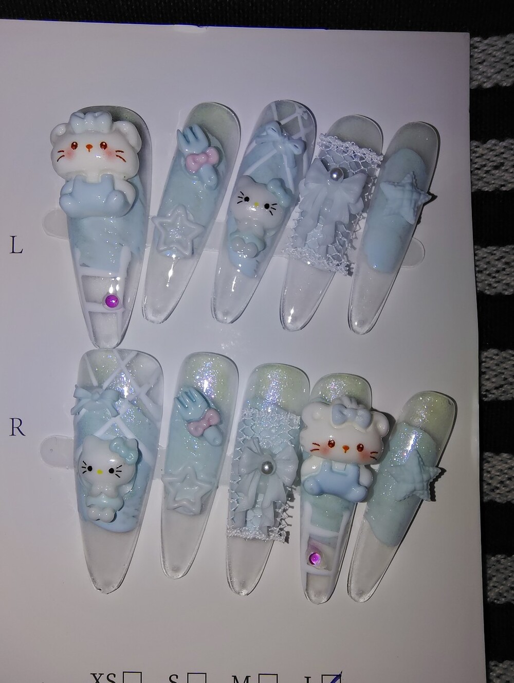 Cute BabyBlue/White HK Kitty 3D Press on Nail Set. Size Large. Handcrafted.